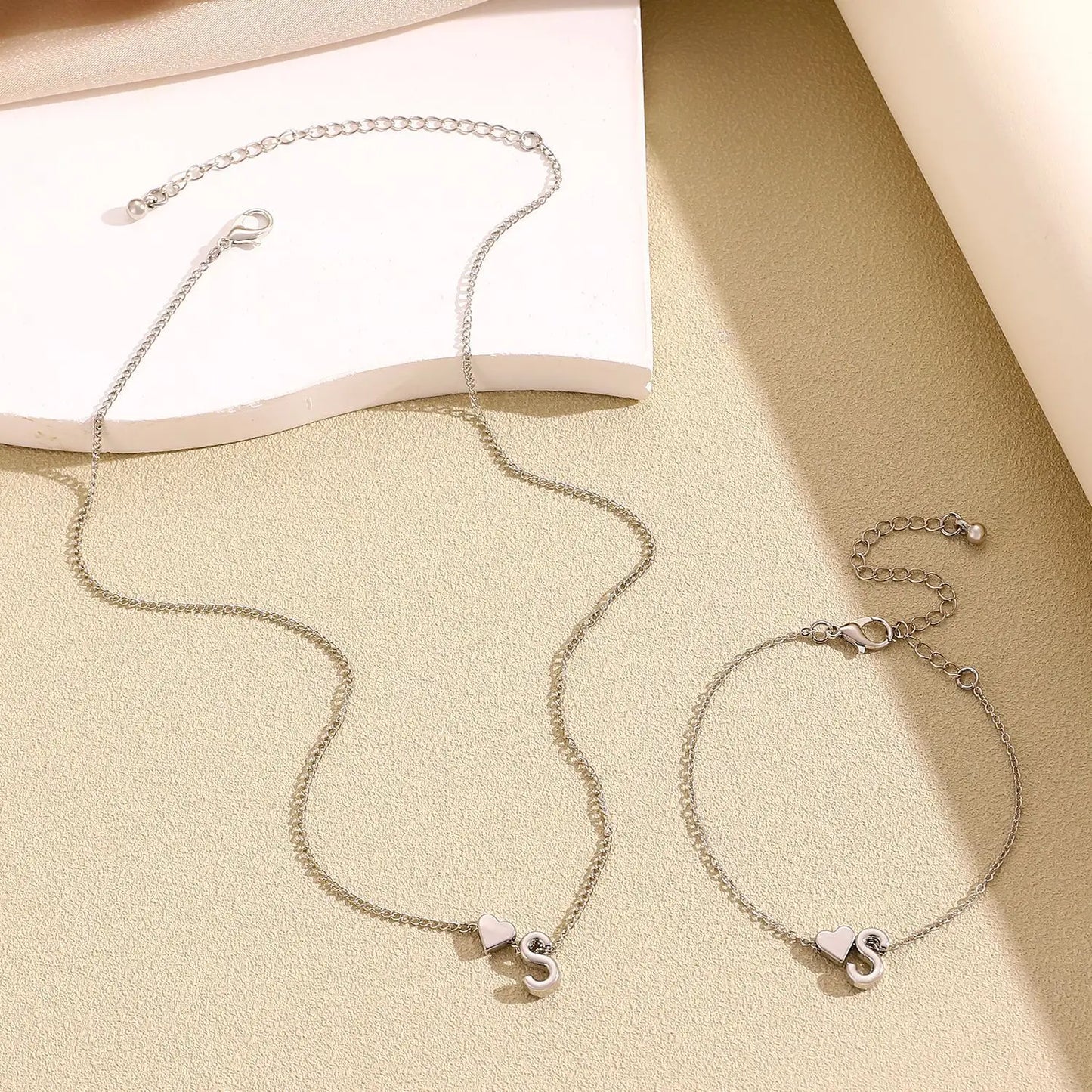 Initial Heart Pendant Necklace & Bracelet