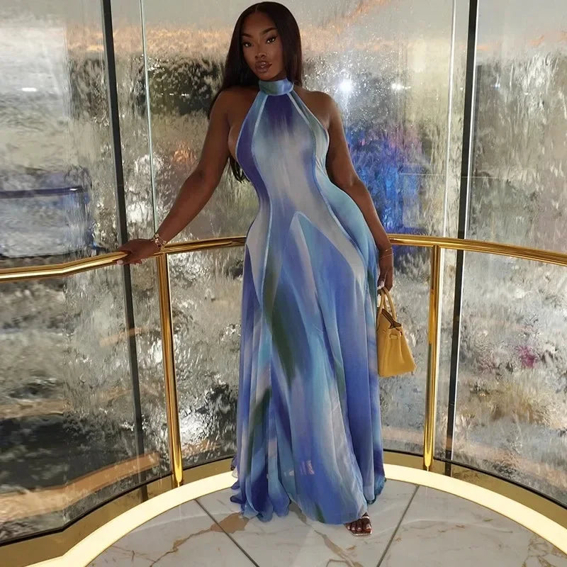 Blue & Gradient Sunset Waves Maxi Dress