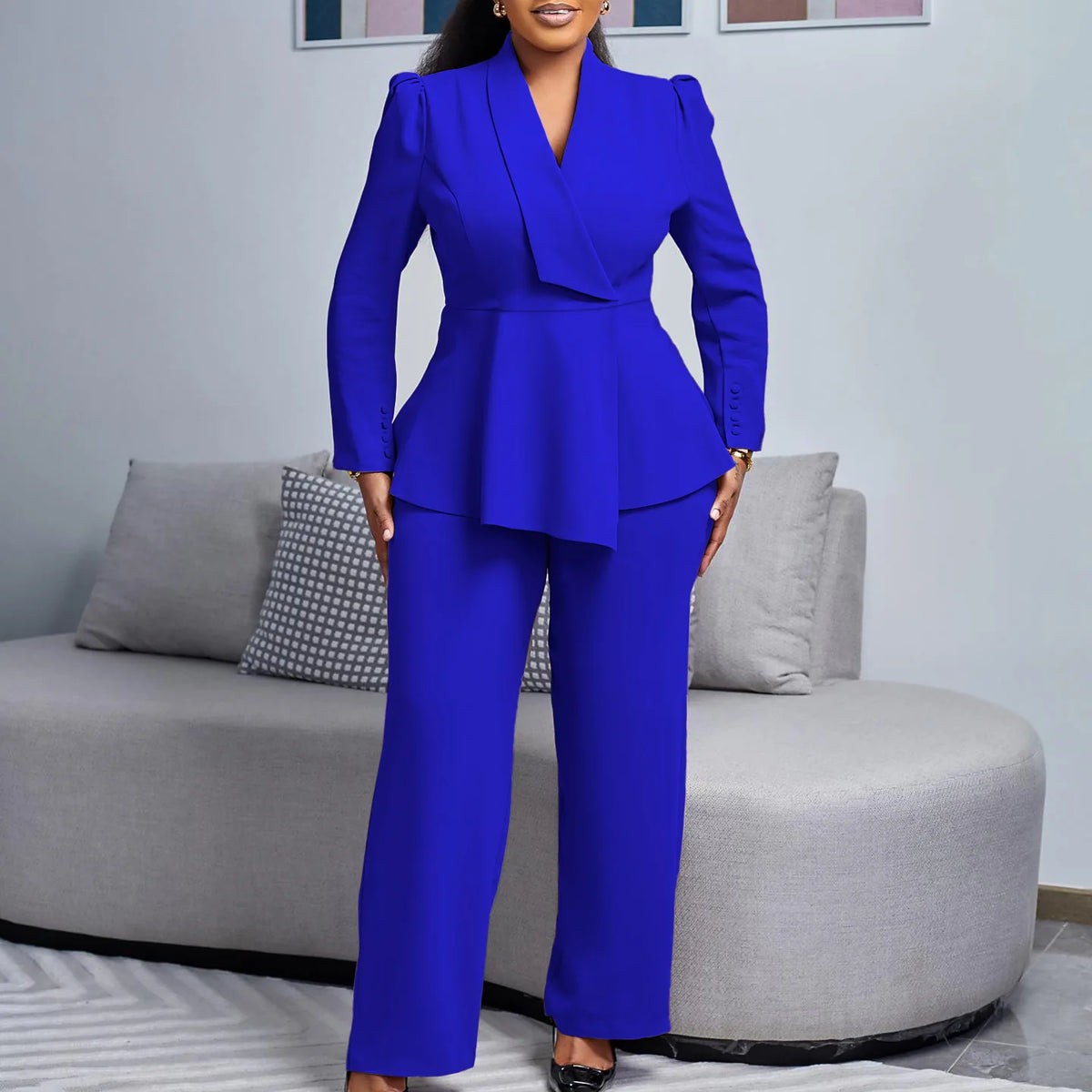 Women's Elegant V-Neck Ruffle Top & Wide Leg Pants Two-Piece Set