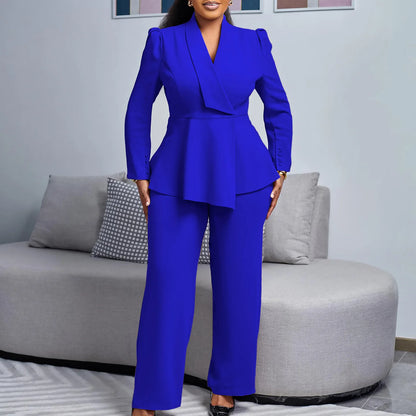 Women's Elegant V-Neck Ruffle Top & Wide Leg Pants Two-Piece Set