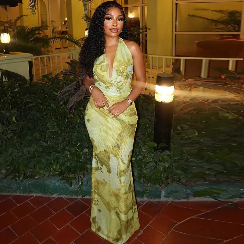 Green Sunset Waves Maxi Dress