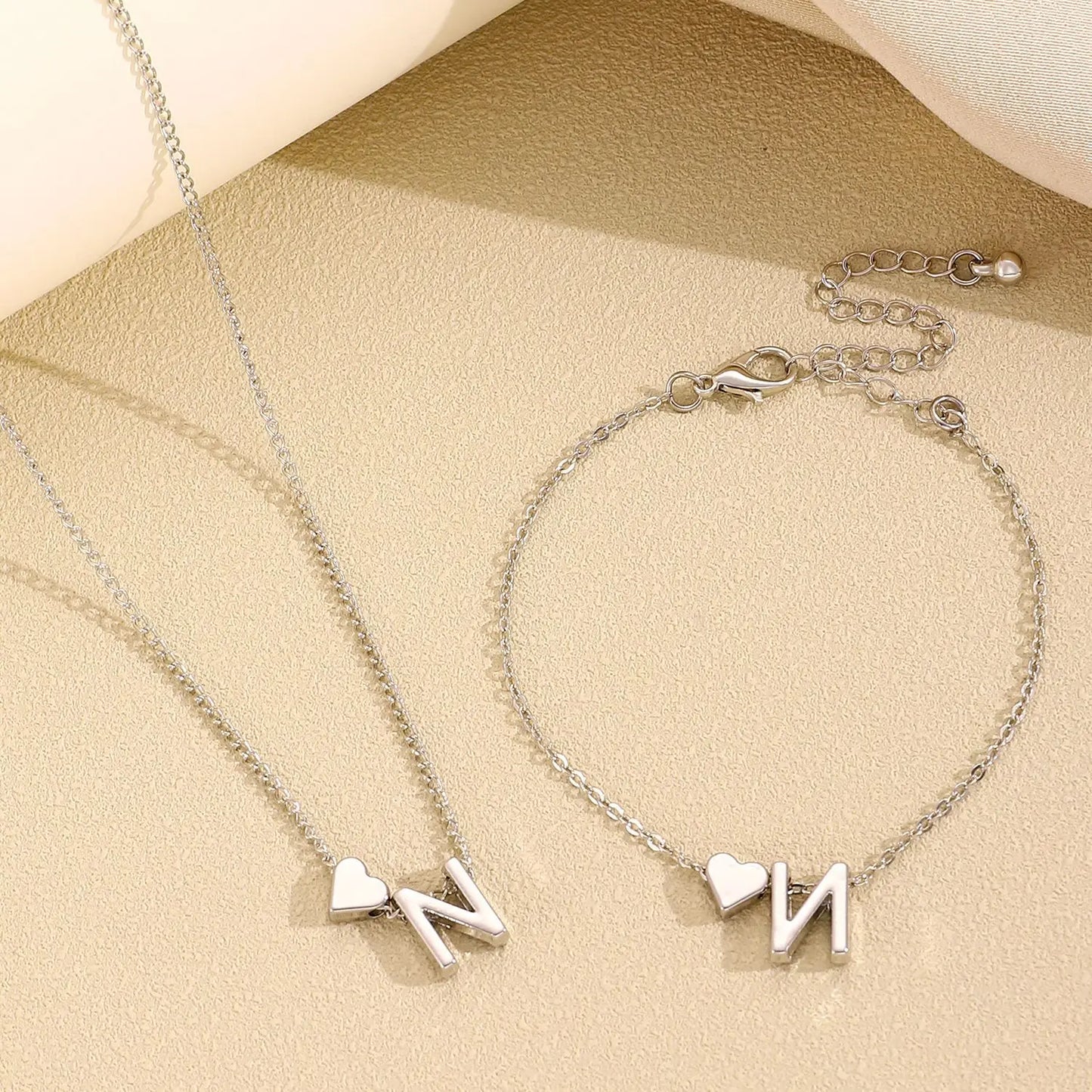 Initial Heart Pendant Necklace & Bracelet
