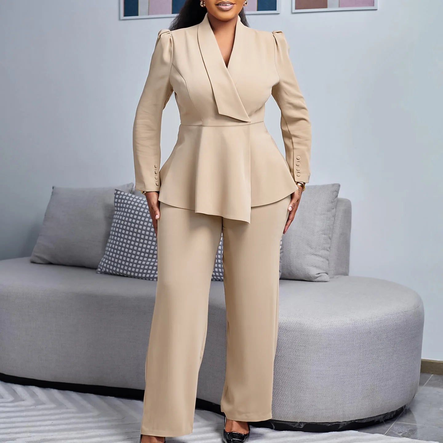 Women's Elegant V-Neck Ruffle Top & Wide Leg Pants Two-Piece Set