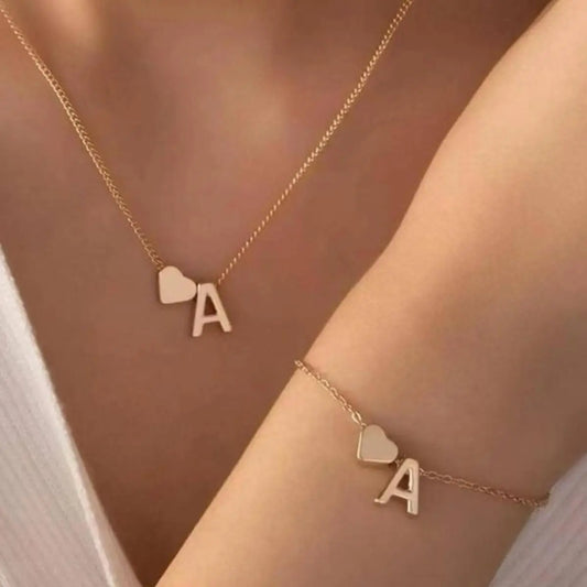 Initial Heart Pendant Necklace & Bracelet