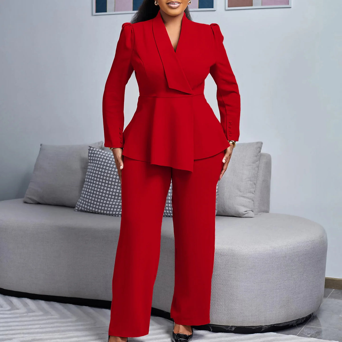 Women's Elegant V-Neck Ruffle Top & Wide Leg Pants Two-Piece Set